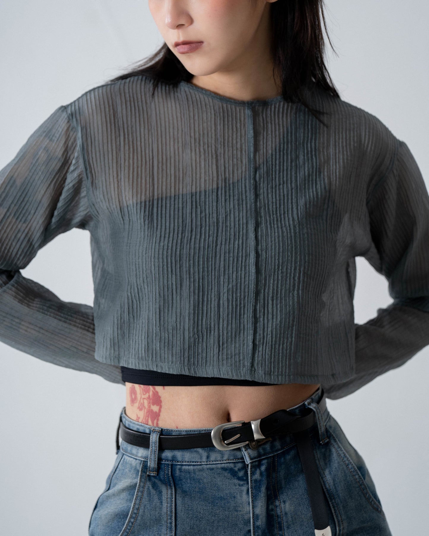 
                  
                    Long Sleeve Tulle Cropped Top Slate Blue【L24-08BL】
                  
                