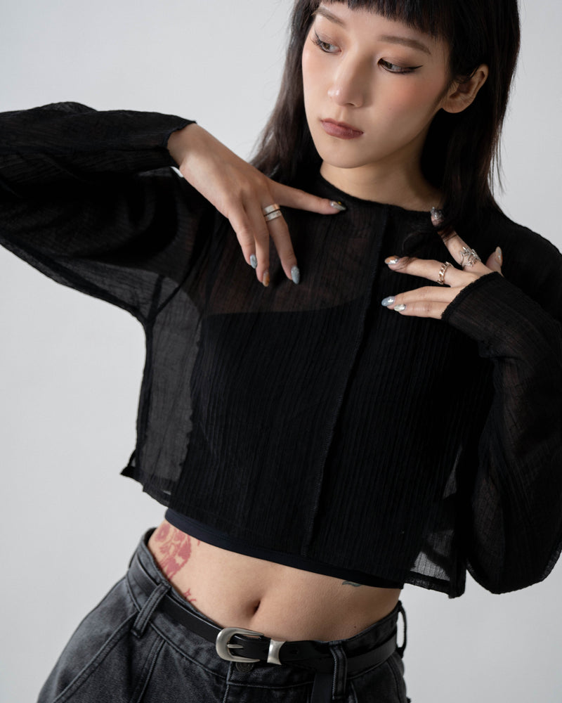 
                  
                    Long Sleeve Tulle Cropped Top Black【L24-08BK】
                  
                